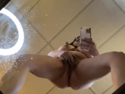 Playing with my big milky tits and fat wet hairy pussy to spray breast milk and pee over a mirror 10/16