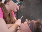 The guy licks the legs. Girl smoke and continue to fill your mouth with saliva, and you must swall 9/16