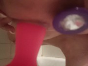 Squirting explosion - She play with a dildo in the shower while having a plug inside! 6/16