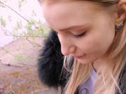 Slut student agreed to give blowjob to the guy and let him fuck her pussy | Cumshot on a new jacket! 2/16