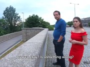 HUNT4K. Prague girl in beautiful red dress takes it off for cash with dads permission 2/16