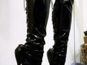7 Inch High Heel Stiletto Black PVC Thigh High Boots Walking Standing  Miss Nyxia  Pleaser Shoes 11/16