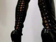 7 Inch High Heel Stiletto Black PVC Thigh High Boots Walking Standing  Miss Nyxia  Pleaser Shoes 12/16