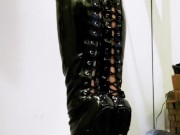 7 Inch High Heel Stiletto Black PVC Thigh High Boots Walking Standing  Miss Nyxia  Pleaser Shoes 6/16