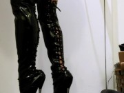 7 Inch High Heel Stiletto Black PVC Thigh High Boots Walking Standing  Miss Nyxia  Pleaser Shoes 9/16