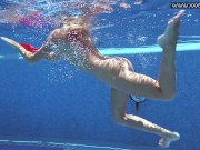 Red lingerie babe Mary Kalisy gets naked in the swimming pool 12/16