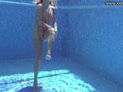 Red lingerie babe Mary Kalisy gets naked in the swimming pool 15/16