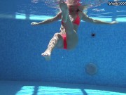 Red lingerie babe Mary Kalisy gets naked in the swimming pool 9/16