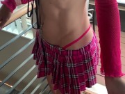 Slowmotion schoolgirl skirt and long legs walking in platform high heels and tiny g-string 14/16