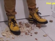 She explodes stewed fruit and several yoghurts in a shower then she crushes cans and dry breads 11/16