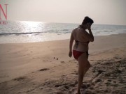 Nice lady at lonely nudist beach. Red swimsuit. Red bikini. 11/16