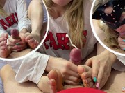 Flexible sweety does BLOWJOB, FOOTJOB and HANDJOB at the same time. Cum on my feet. FOOTFETISH