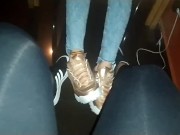 Footsie under table shoes and barefoot