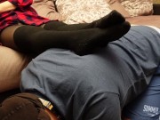 A slave in a collar is kneeling legs in black socks and tights 5/16