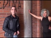 Blue-haired teen devouring a cock in public 3/16