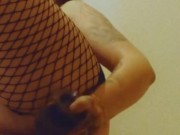 fucking myself with a black dildo with a butt plug, in fishnet pantyhose, cumming, squirting, moanin 7/16