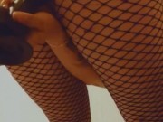 fucking myself with a black dildo with a butt plug, in fishnet pantyhose, cumming, squirting, moanin 9/16
