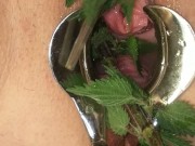 BDSM Pussy Torture - Speculum Stretched Nettles in her Peehole & Vagina Till she pisses herself 11/16