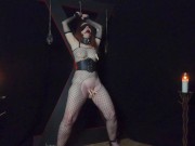 Submissive Redhead MILF tied to Cross and tortured with clothespins 13/16