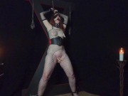 Submissive Redhead MILF tied to Cross and tortured with clothespins 14/16