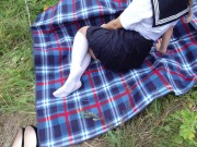 Schoolgirl in uniform shows legs feet foot in white knee socks and pantyhose under skirt 15/16