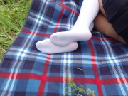 Schoolgirl in uniform shows legs feet foot in white knee socks and pantyhose under skirt 16/16