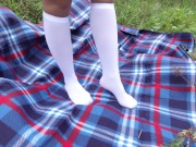 Schoolgirl in uniform shows legs feet foot in white knee socks and pantyhose under skirt 4/16