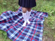 Schoolgirl in uniform shows legs feet foot in white knee socks and pantyhose under skirt 8/16