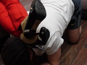 mistress nylon feet shoes puts feet on slave collar handcuffed femdom 5/16