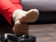Sexy girl in pants pantyhose shoes shows her legs foot feet fetish 16/16