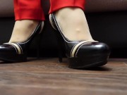 Sexy girl in pants pantyhose shoes shows her legs foot feet fetish 3/16