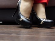 Sexy girl in pants pantyhose shoes shows her legs foot feet fetish 4/16