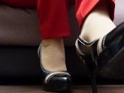 Sexy girl in pants pantyhose shoes shows her legs foot feet fetish 6/16