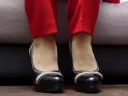Sexy girl in pants pantyhose shoes shows her legs foot feet fetish 7/16