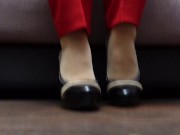 Sexy girl in pants pantyhose shoes shows her legs foot feet fetish 8/16