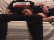 I wake up my stepmom from the sofa and I cum in her mouth 1/16