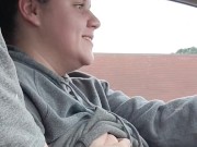Playing and sucking wife's tits on car ride  1/16