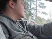 Playing and sucking wife's tits on car ride  2/16