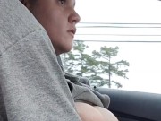 Playing and sucking wife's tits on car ride  7/16