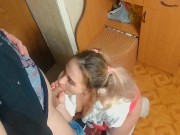 Beautiful student deep swallows a courier's cock 5/16