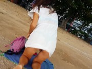Up dress PUSSY and BUTT PLUG flashing at public beach 10/16