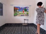 Striptease at art gallery with pussy high heels Shaved pussy Nice woman shows her body when undress 4/16