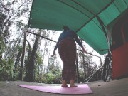 Yoga by my tent in the rain from harry potter pants and a christmas tee to panties and titties 1/16