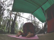 Yoga by my tent in the rain from harry potter pants and a christmas tee to panties and titties 3/16