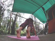 Yoga by my tent in the rain from harry potter pants and a christmas tee to panties and titties 6/16