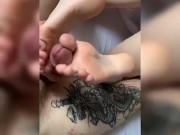 Foot job from sexy small feet - Bubble Toes gets cum’d on 7/16