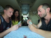 Cuckold lost the girl at cards, and now he sucks the dick with her and licks the stranger's sperm 1/16