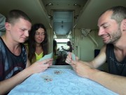 Cuckold lost the girl at cards, and now he sucks the dick with her and licks the stranger's sperm 2/16