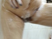 Big mature passion in a tight Moscow bathroom, shower masturbation, blowjob, cum on tits, closeup! 10/16