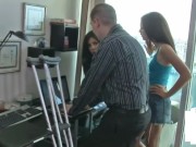 Femdom chicks dominating nerdy guy with handjob 1/16